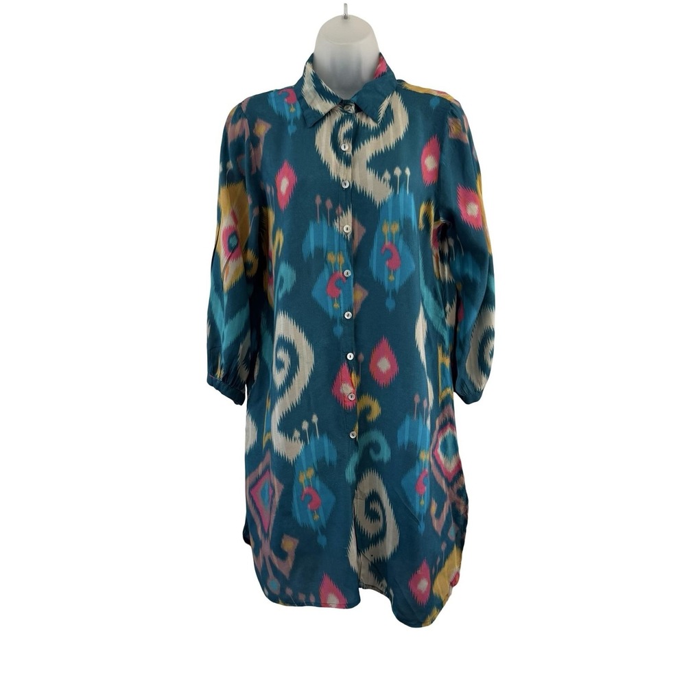 Boho Ikat Shirt Dress Womens 42 8 Multicolor Button Front 3/4 Sleeve Tunic India